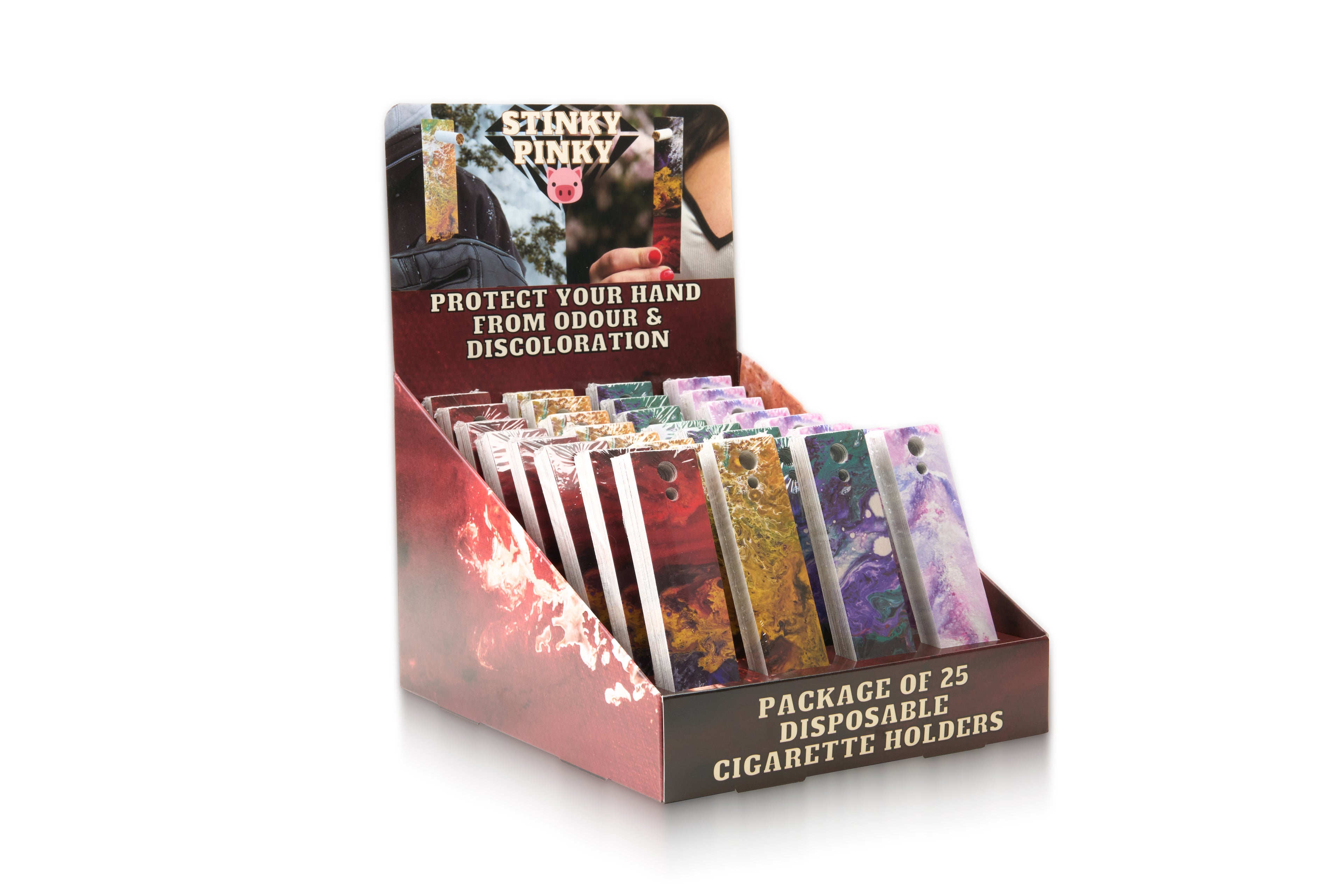 Stinky Pinky disposable cigarette holder display box rotating video – biodegradable cardboard joint holders in custom branded packaging.